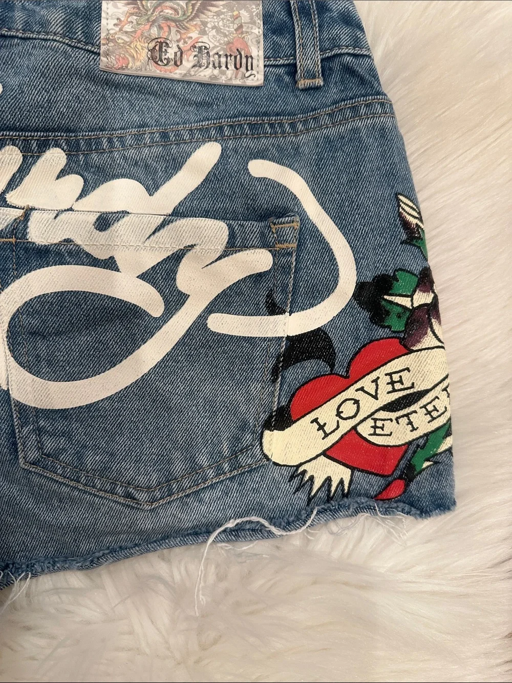 Ed Hardy Blue Denim Jean Shorts with Floral Patch - Picture 3 of 7